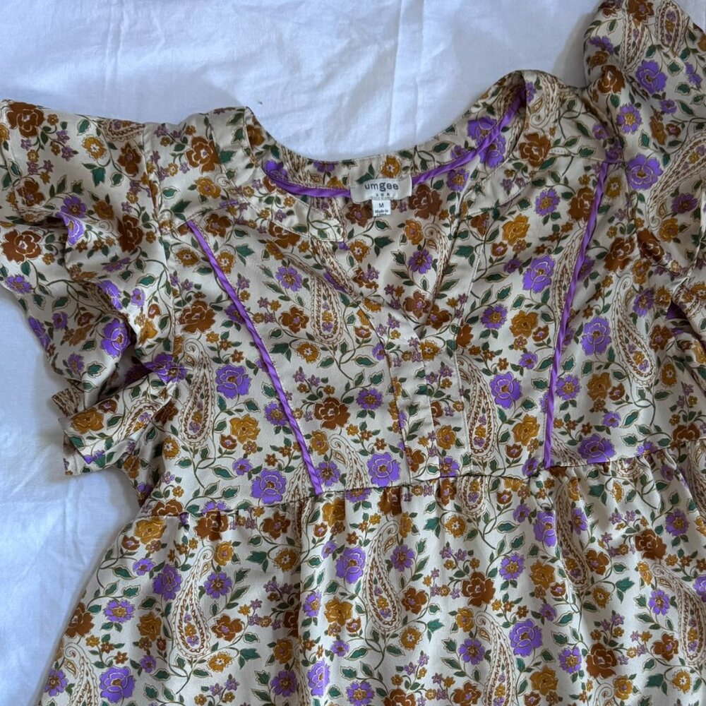 Umgee Floral Paisley Flutter Sleeve Blouse Women's Medium Boho Cottagecore Top